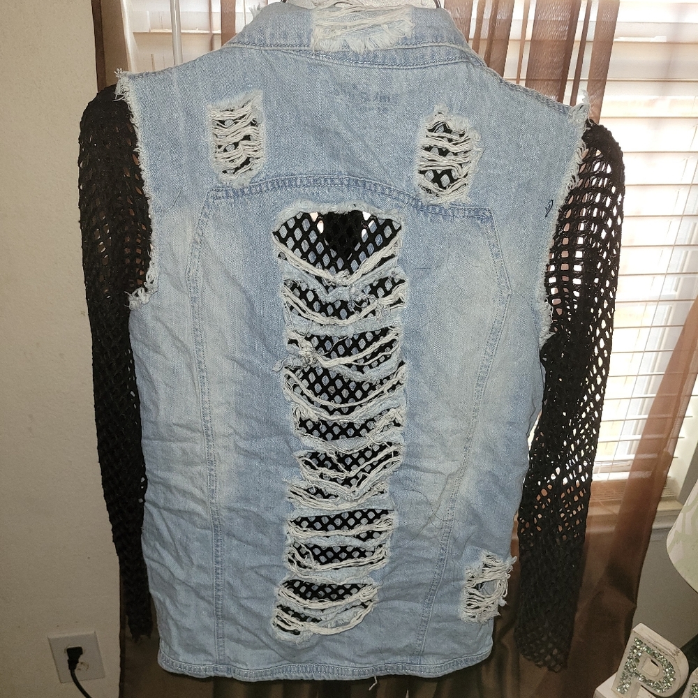 Distressed Fishnet Jean Jacket - Picture 2 of 2
